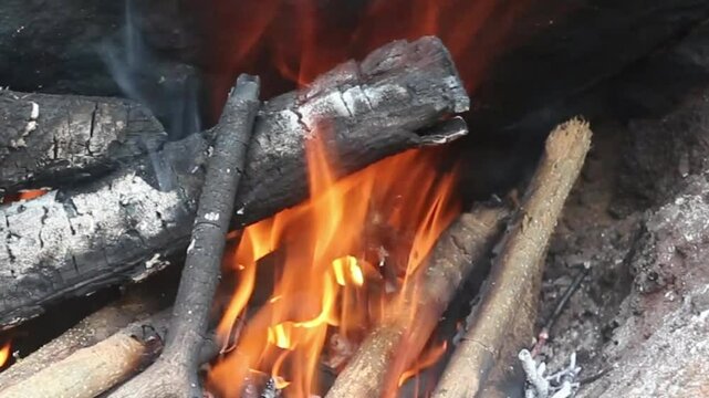 Wood is burning in the fireplace. Fire in the oven. The burning logs. Furnace heating. A fire burns in a fireplace. Christmas Holidays Concept. Video for Meditation Vertical video