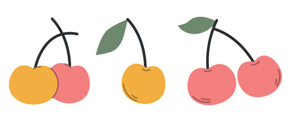 Set of abstract cherries, simple cherries, tropical fruits collection design for interior, poster, banner