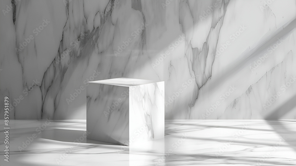 Poster 3d rendering empty template podium for product placementwhite marble background with round pedestals