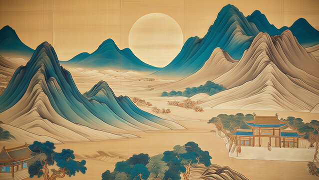 China Dunhuang murals hand-painted layers of mountain peaks and sunrise line illustration