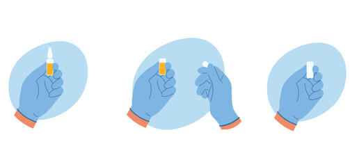 Set of illustrations with doctor hands in rubber glove opened ampoule with liquid for injection. Full, opened and empty ampoule