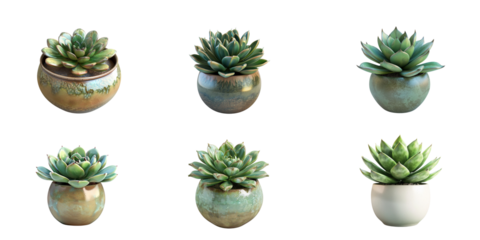 
3D illustration of a green succulent in a ceramic pot isolated on a white background, in a studio shot from a high angle view.


