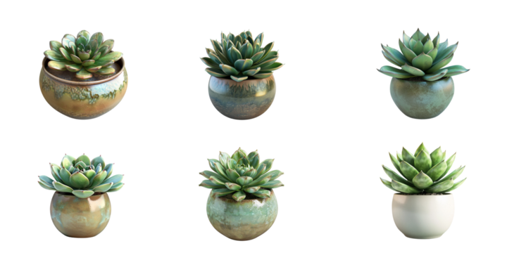 
3D illustration of a green succulent in a ceramic pot isolated on a white background, in a studio shot from a high angle view.

