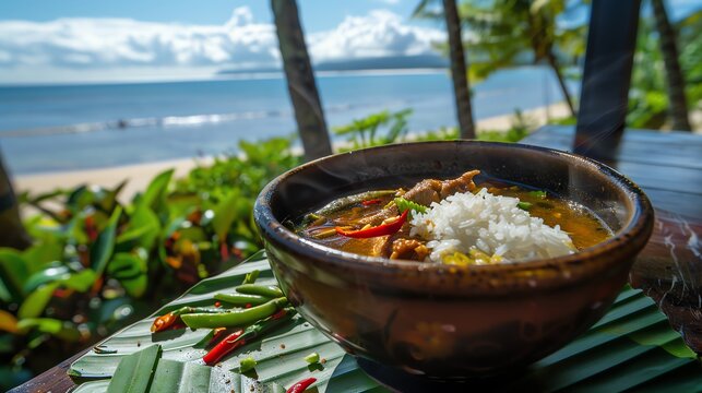 A bowl of Filipino sinigang with pork and tamarind broth