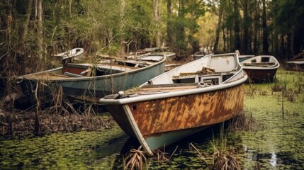 Abandoned swamp with rusting boats.