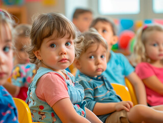 A group of children are sitting on chairs inside the classroom at a school or daycare, and one of them looks at the camera.