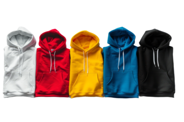 Set of folded empty hoodies in different styles, arranged on a white background