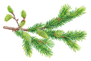 Naklejka premium Spruce tree twigs with needles and young cones on a white background.