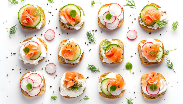 Tasty canapes with salmon, cucumber, radish and cream cheese isolated on white, top view