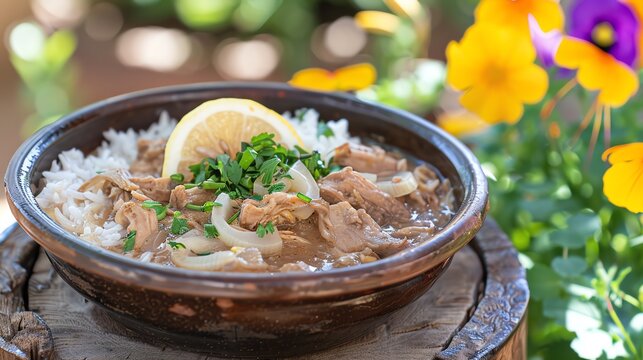 A bowl of spicy Senegalese yassa with marinated chicken, onions, and lemon, served with white rice, placed on a rustic wooden table in a sunny garden with colorful flowers
