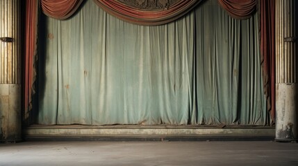 Abandoned theater stage with worn curtains, melancholic ambiance