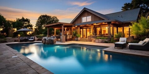 Obraz premium Luxurious Arizona Home Featuring a Large Backyard Pool and Light Brown Exterior with Wood Shingle Roof. Concept Luxury Home, Arizona Style, Backyard Pool, Exterior Design, Wood Shingle Roof