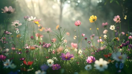 Wildflowers in a Misty Morning Field with Soft Sunlight and Dew Droplets