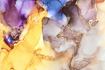 Fototapeta premium Natural luxury abstract fluid art painting in liquid ink technique. Tender and dreamy wallpaper. Mixture of colors creating transparent waves and golden swirls. For posters, other printed materials