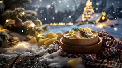 A dish of Finnish salmon soup with creamy broth, dill, and potatoes, served in a traditional wooden bowl, photographed with a view of a frozen lake and a snowcovered cabin