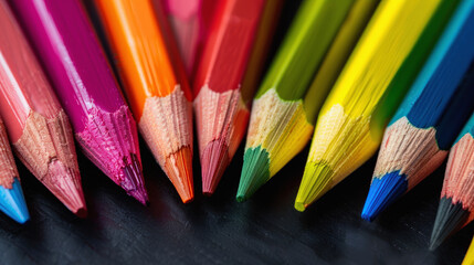 Fototapeta premium Colorful pencils black background. Group multicolored, creativity variation, orange green, rainbow. Tool drawing, supply school and office.