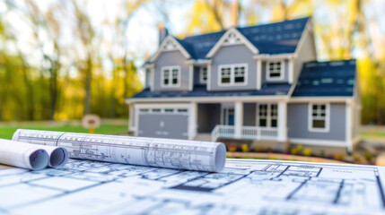 Architectural project with house model and blueprints construction site. Detailed analysis modern residential building design, engineering development, planning. Concept new technology in architecture