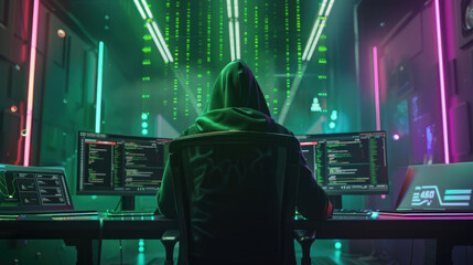 Hooded hacker in a dark room with computers and binary code. a cyber crime attack. Serious young man working on a laptop, typing. Danger in cyberspace, security breach.