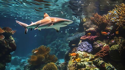 Fototapeta premium Underwater of Blacktip reef shark at a coral reef