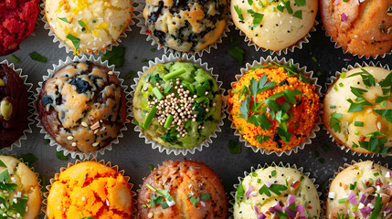 A selection of freshly made fast food vegan muffins with vibrant ingredients and various flavors