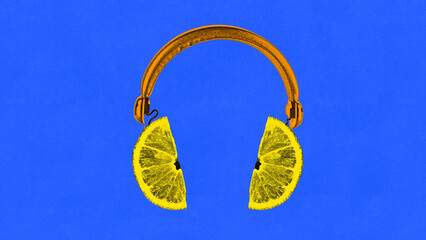Contemporary art collage. Sweet sound. Pair of headphones made out of halved lemons against vibrant blue background. Grainy fabric effect. Concept of summer holidays, party, pop art. Minimal design.