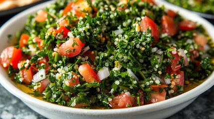 A dish of Lebanese tabbouleh with finely chopped parsley