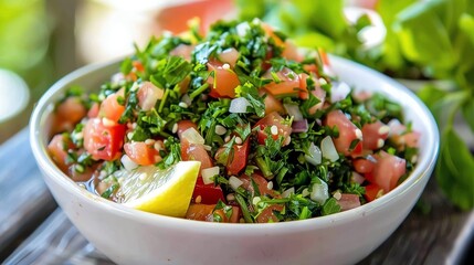 A dish of Lebanese tabbouleh with finely chopped parsley