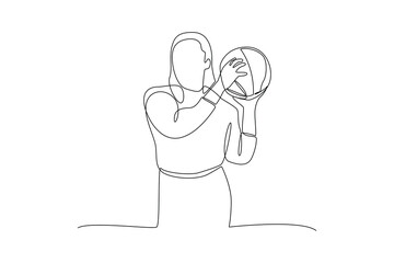 One continuous line drawing of woman playing basketball in sport center. Sports minimalist concept. Single line draw design vector illustration