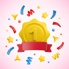 Vector cartoon 3d medal with number one, red ribbon, stars and confetti. Trendy realistic gold round wavy first place award, festive winner badge sign. 3d render best quality certificate illustration.