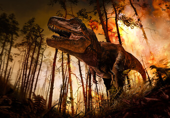 Jurrasic scene - Trex dinosaur and forest fire, 3D illustration. made in Blender © Mikael Damkier