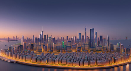 Fototapeta premium a detailed artwork depicting the iconic skyline of a bustling city at dusk, capturing the architectural landmarks and urban lights