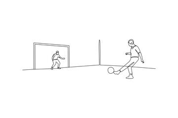 One continuous line drawing of young people playing football at sport center. Sports minimalist concept. Single line draw design vector illustration