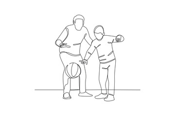 One continuous line drawing of young man playing basketball at sport center. Sports minimalist concept. Single line draw design vector illustration