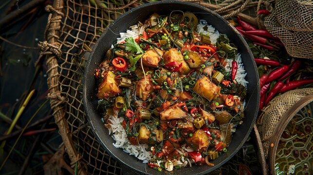 A dish of Trinidadian callaloo with spinach, okra, and coconut milk, served with rice, photographed in a Trinidadian mangrove area with traditional fishing nets and coastal scenery
