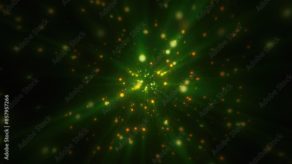 Poster abstract bright green glowing background with flying dots circles bokeh energy particles and light r