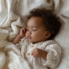 A black baby sleeping on her back, laying on white linen sheets