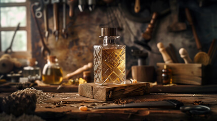 A unique, artisanal perfume bottle with a handcrafted look