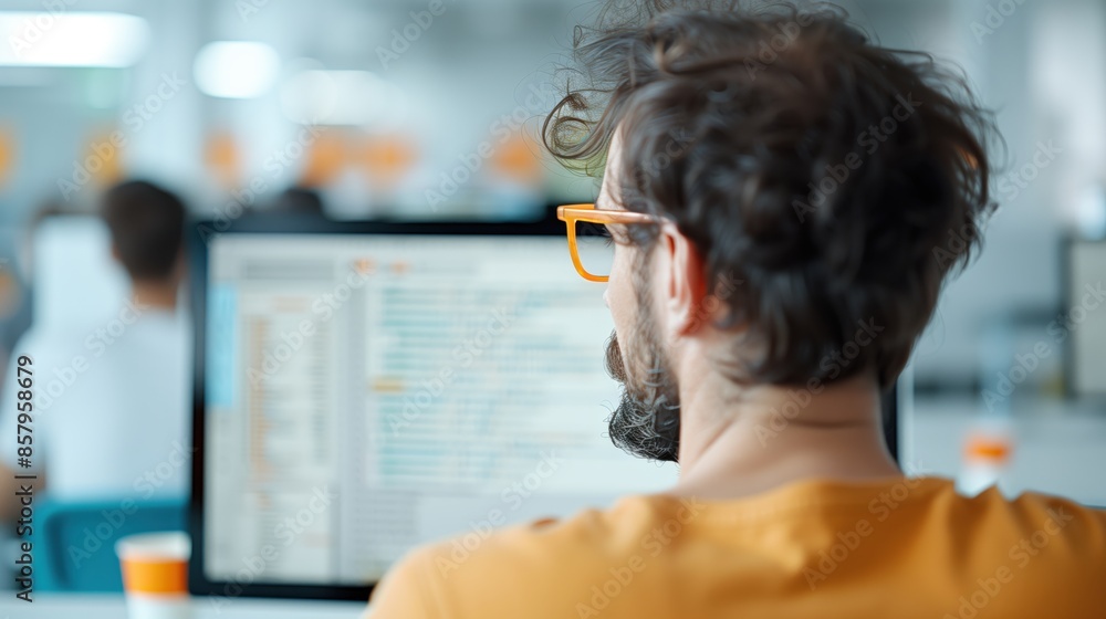 Poster programmer analyzing code on monitor. programmer wearing glasses and an orange shirt analyzes code o