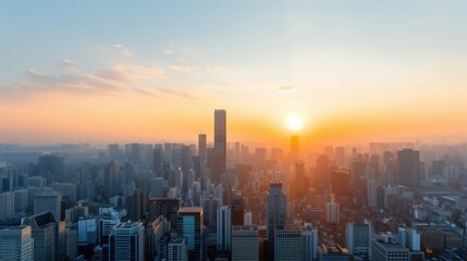 Fototapeta premium Hazy Cityscape at Sunset with Skyscrapers. Hazy cityscape at sunset with numerous skyscrapers, capturing the soft hues and peaceful ambiance of the urban skyline.