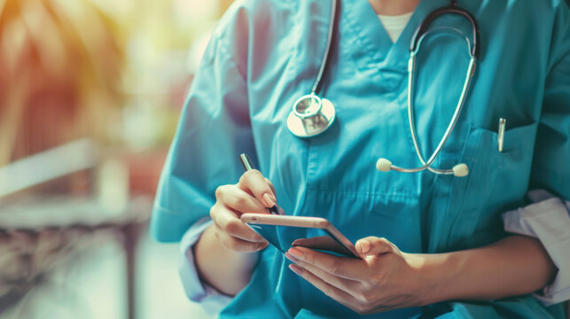 Female doctor using mobile smart phone with stethoscope in hospital. healthcare professional in uniform, holding smartphone for patient consultation. Modern technology in medical care.