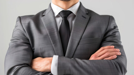 Businessman in suit with arms folded grey background. Confident, professional man, standing. success, handsome adult confidence. Tie, shirt, and corporate. Executive, model financial boss