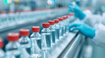 Obraz premium Pharmaceutical scientist wearing sterile gloves inspects medical vials on a production line conveyor belt in a drug manufacturing facility. 