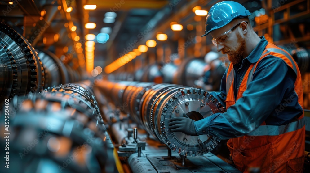 Poster factory setting where a worker assembles parts of a tunnel boring machine, highlighting precision en