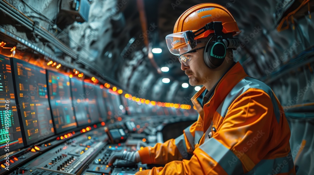 Poster operator in safety gear manages the control room of a tunnel boring machine in an underground site, 