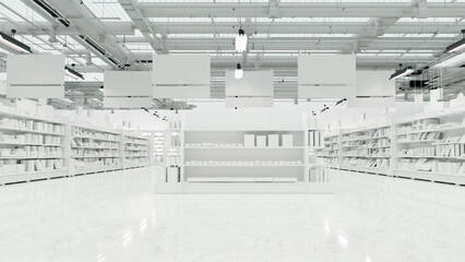 3D Rendering. Store interior supermarket with shelf shelves.