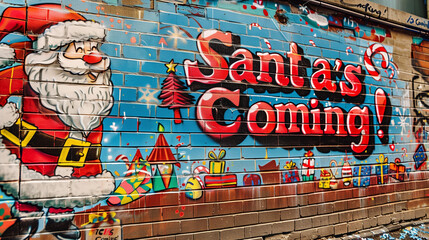 Santas Coming text graffiti vibrant festive mural urban art street art graffiti brick wall Christmas eve theme banner cartoon red blue bright graf spray painted colorful cheerful vibrant copy space ad
