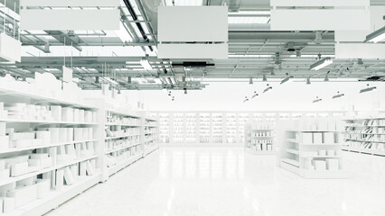 3D Rendering. Store interior supermarket with shelf shelves.