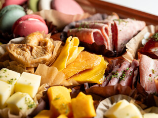 Raw ham, olives and cheese on a plate	