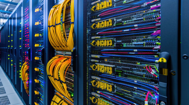 Server with fiber optic cables in data center room technology background. Modern networking and connectivity equipment business datacenter. Digital system internet communication, cloud computing