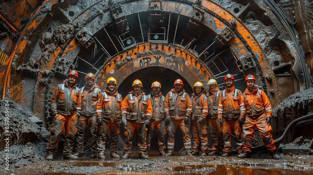 Poster workers posing by tunnel boring machine. group of workers in safety gear poses by a massive tunnel b